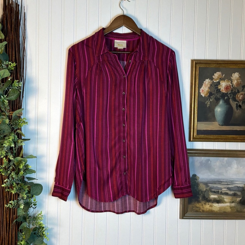 Maeve Button Down Shirt Womens Medium Plum Striped Excellent Long Sleeve